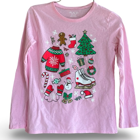 $8 or 4/$25 The Children’s Place Pink Graphic Christmas Shirt Size Large 10/12 - Picture 1 of 2